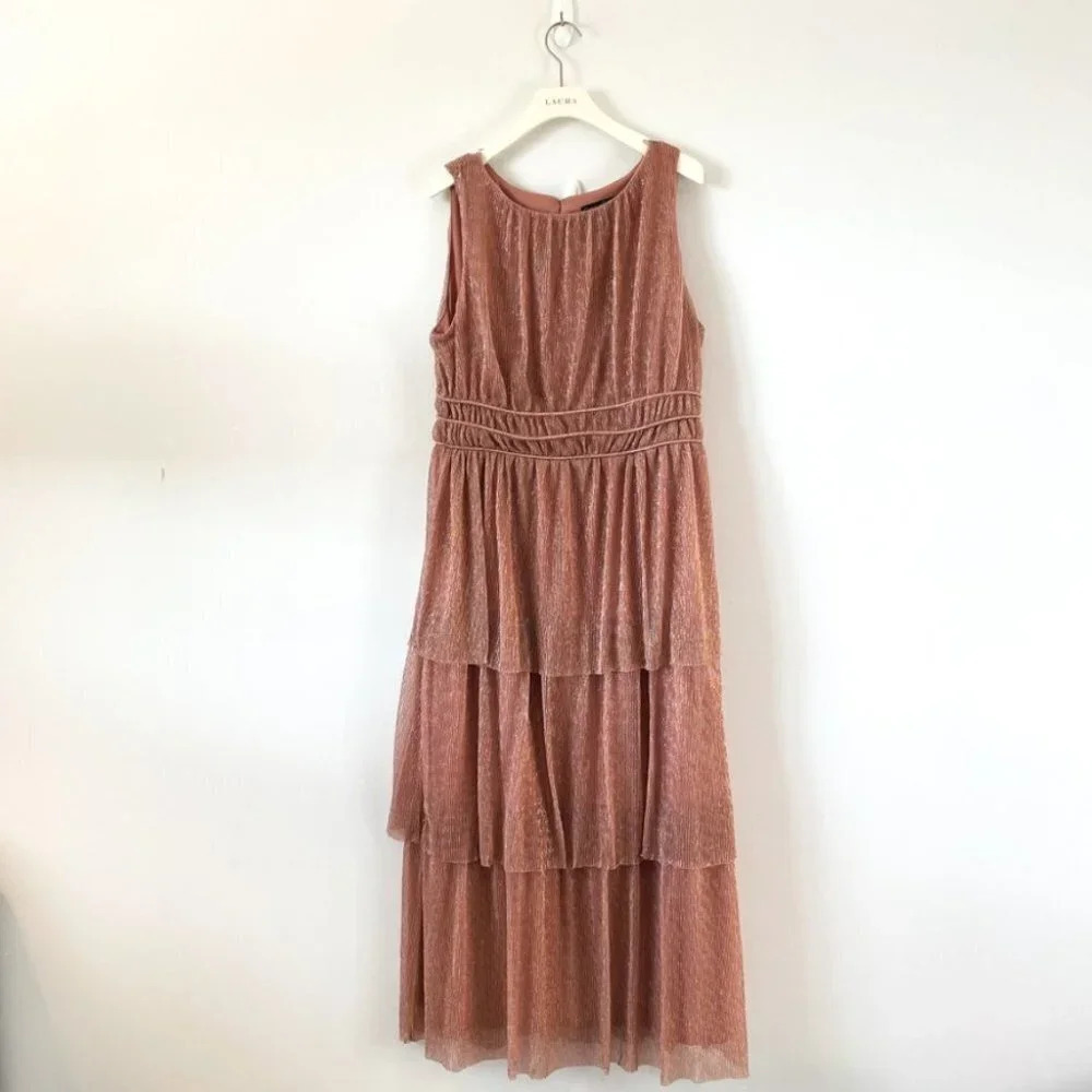 Gabby Skye Occasion Shimmer Tiered Textured Long Maxi Dress Pink Size 12